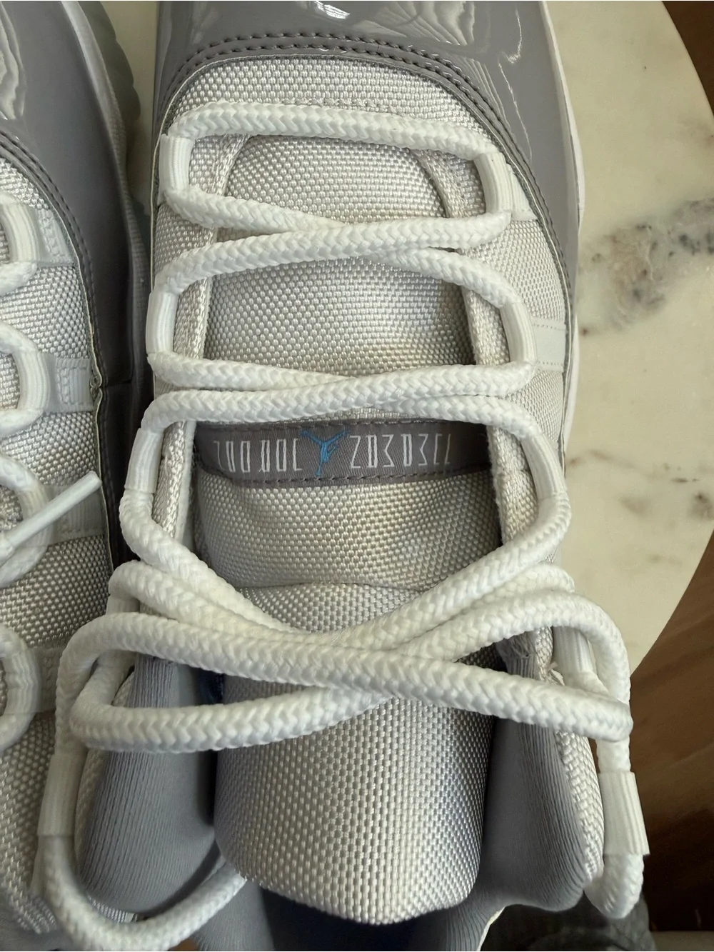 Jordan Men’s Low Top Athletic Shoes in White and Gray Patent